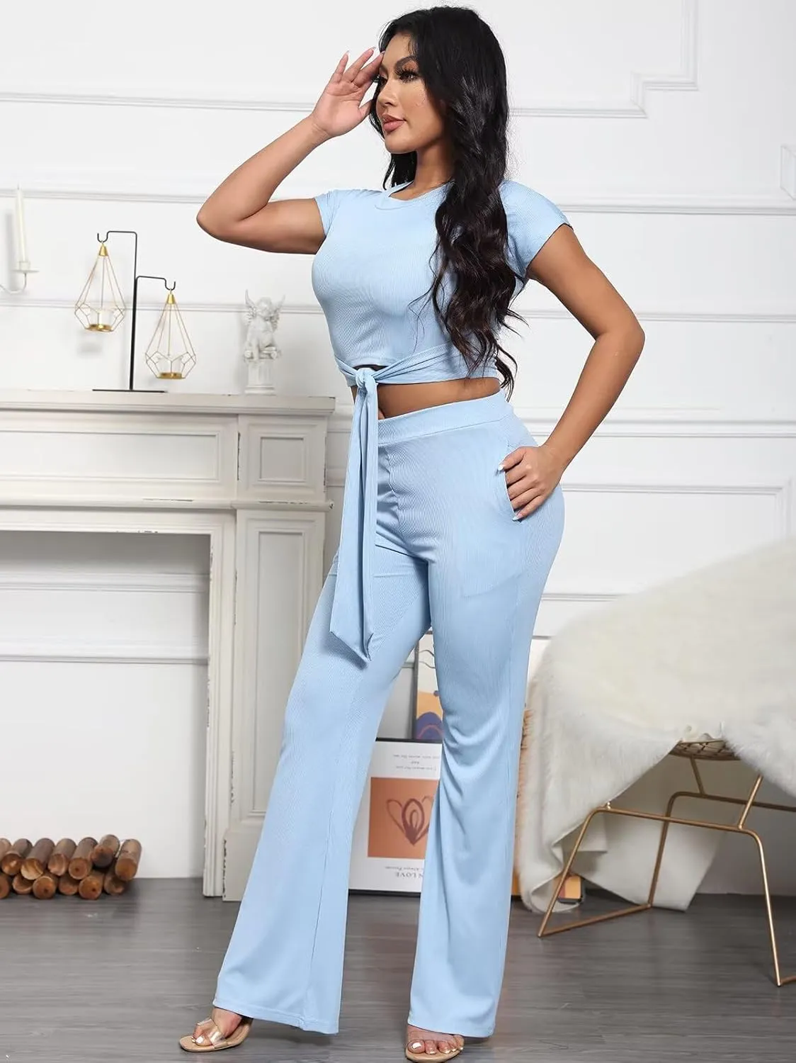 EDITCOZY Women 2 Piece Outfits Sexy Tie Front Crop Top Wide Leg Pants Sets Casual Summer Ribbed Two Piece Set