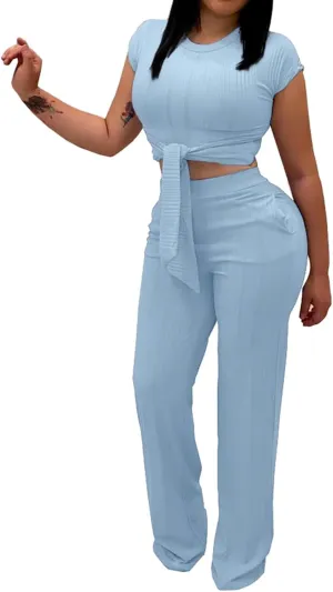 EDITCOZY Women 2 Piece Outfits Sexy Tie Front Crop Top Wide Leg Pants Sets Casual Summer Ribbed Two Piece Set