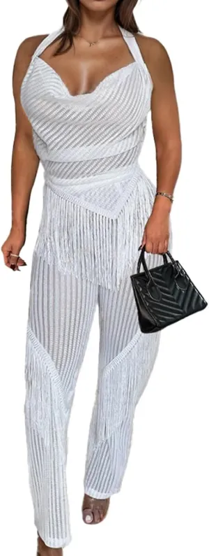EDITCOZY Women Sexy Two Piece Outfits Fringe Pants Set Club 2 Piece Sets Going Out Birthday Party Jumpsuits