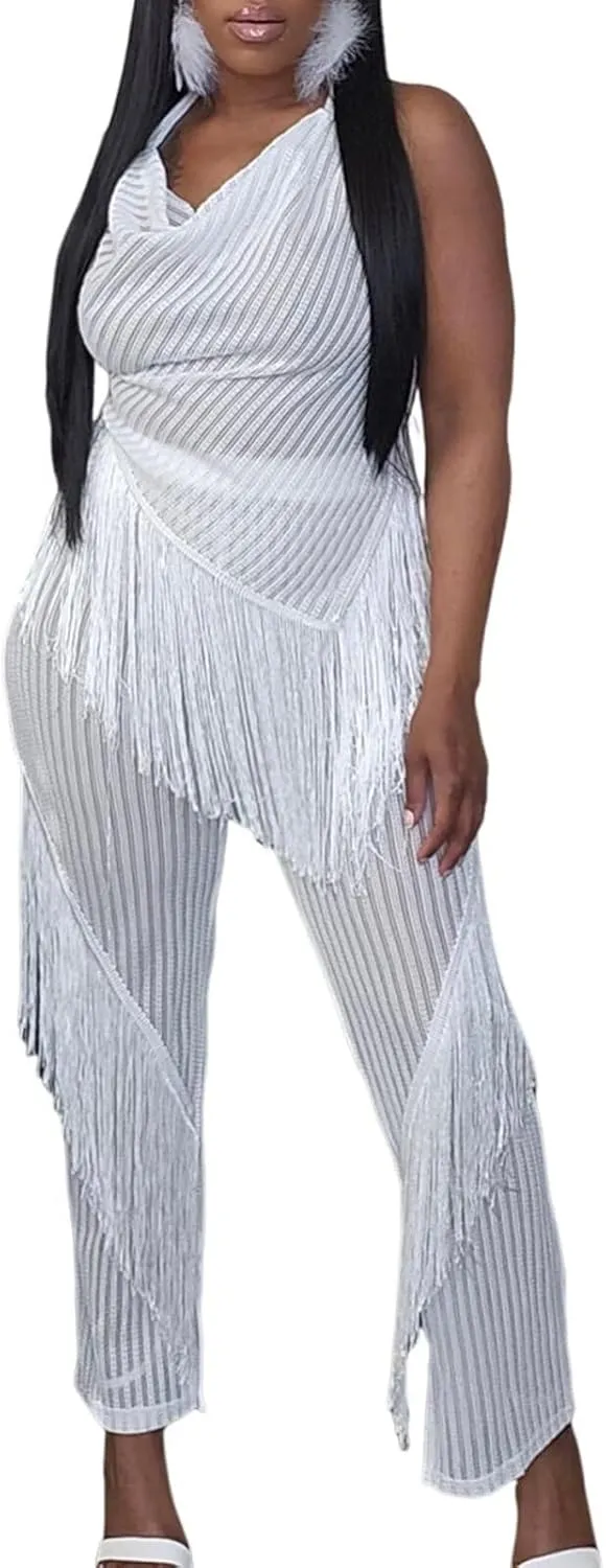 EDITCOZY Women Sexy Two Piece Outfits Fringe Pants Set Club 2 Piece Sets Going Out Birthday Party Jumpsuits
