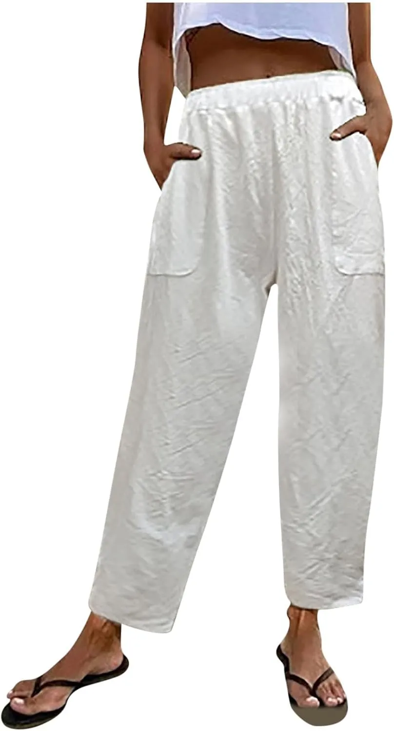 FZYLQY 2025 Summer Straight Leg Linen Pants for Women Lightweight Beach Pants Trendy Lounge Pants Comfy Trousers with Pockets