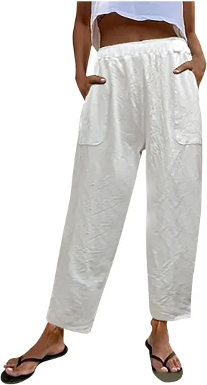 FZYLQY 2025 Summer Straight Leg Linen Pants for Women Lightweight Beach Pants Trendy Lounge Pants Comfy Trousers with Pockets