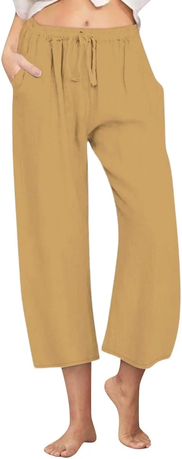 FZYLQY Cotton Linen Capri Pants for Women 2025 Cropped Lounge Wide Leg Trousers Drawstring Elastic Waist Summer Beach Pants