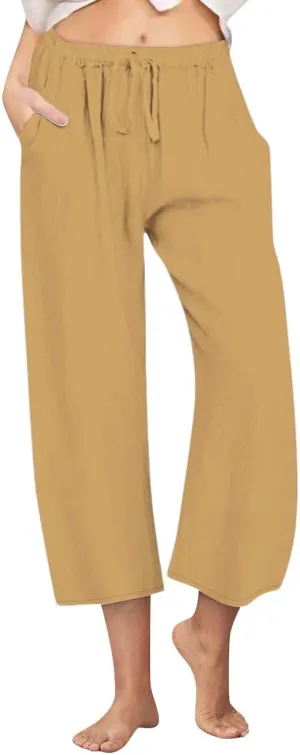 FZYLQY Cotton Linen Capri Pants for Women 2025 Cropped Lounge Wide Leg Trousers Drawstring Elastic Waist Summer Beach Pants