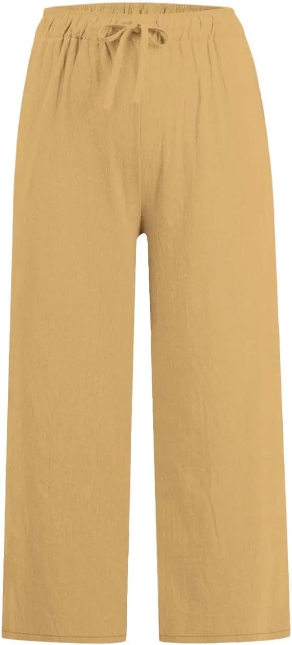 FZYLQY Cotton Linen Capri Pants for Women 2025 Cropped Lounge Wide Leg Trousers Drawstring Elastic Waist Summer Beach Pants