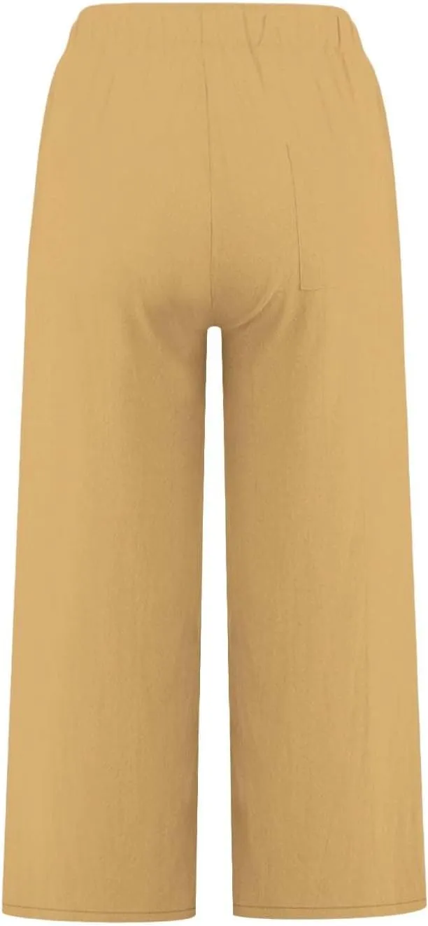 FZYLQY Cotton Linen Capri Pants for Women 2025 Cropped Lounge Wide Leg Trousers Drawstring Elastic Waist Summer Beach Pants