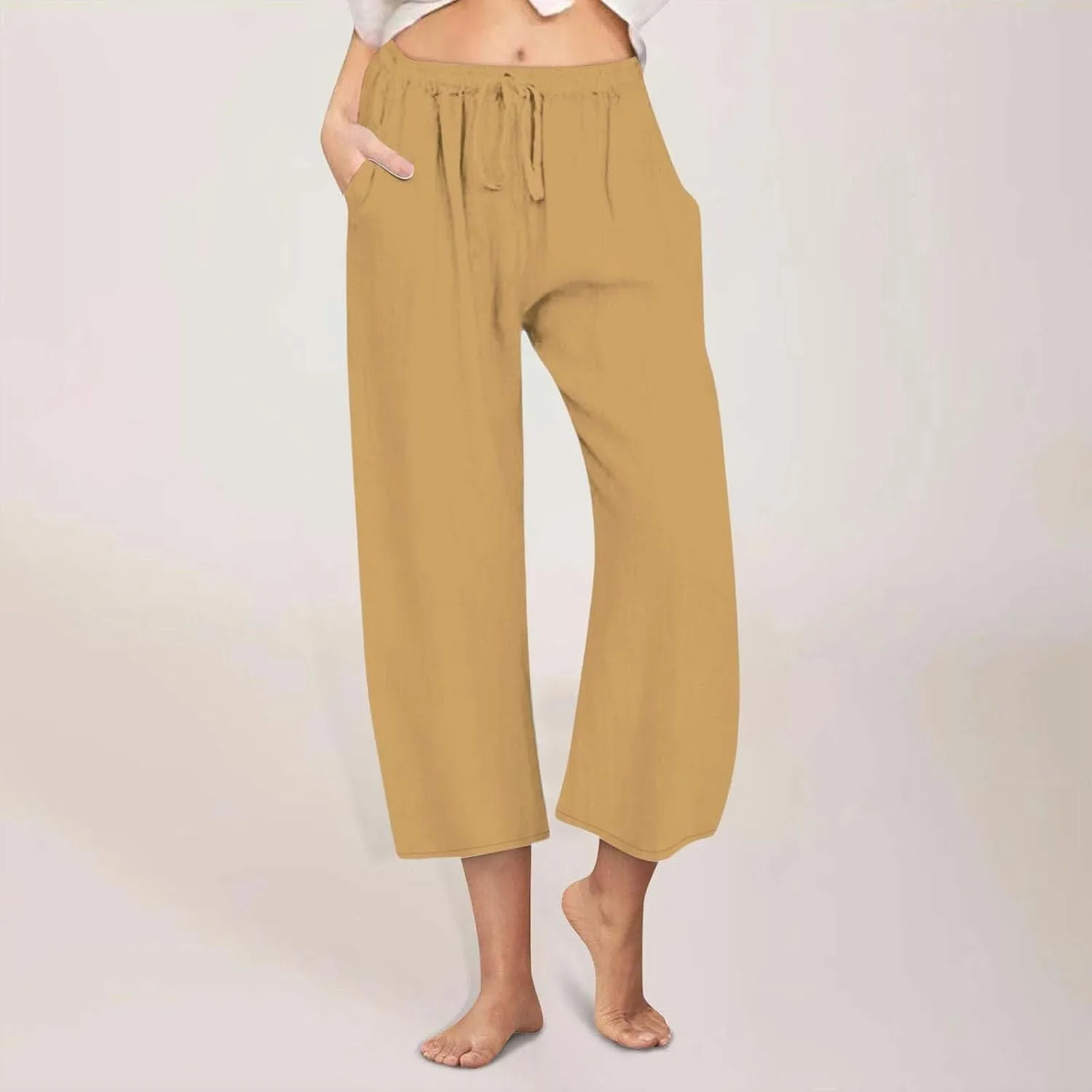FZYLQY Cotton Linen Capri Pants for Women 2025 Cropped Lounge Wide Leg Trousers Drawstring Elastic Waist Summer Beach Pants