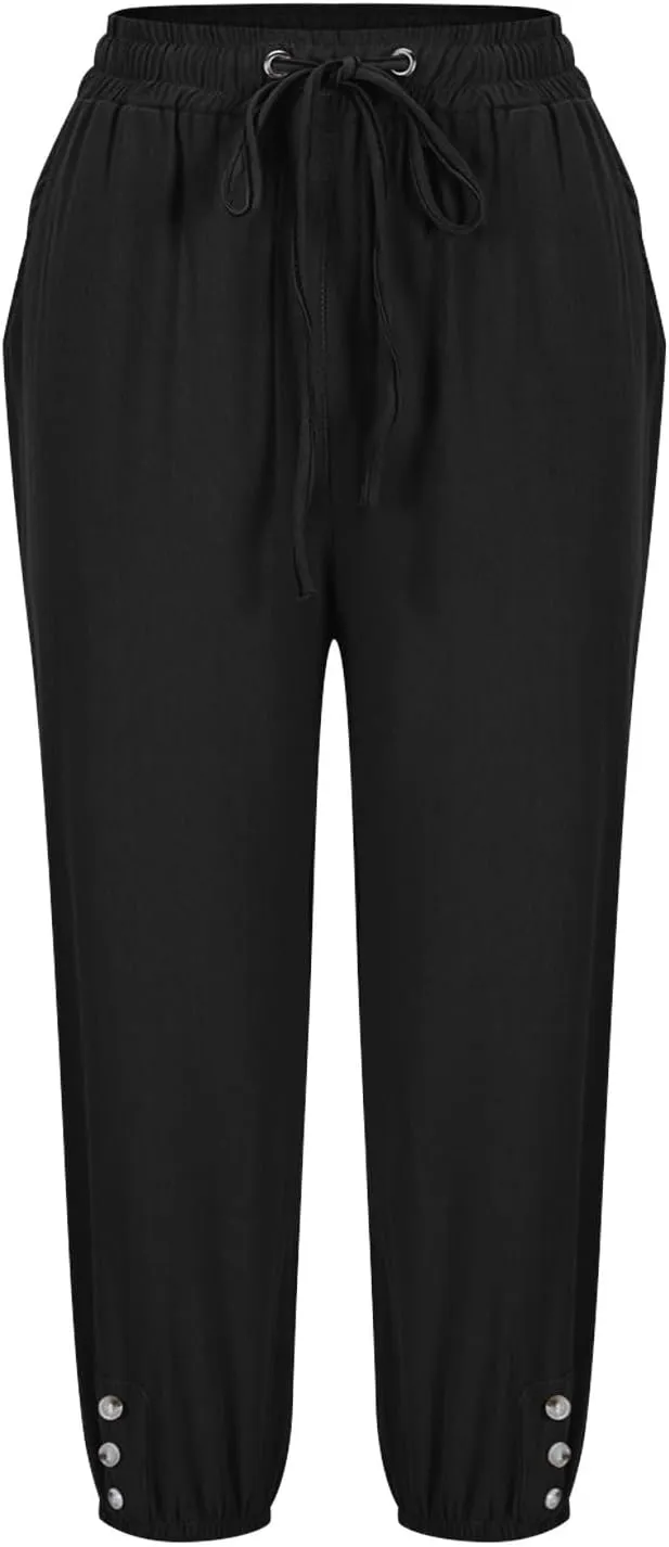 FZYLQY Cotton Linen Pants for Womens 2025 Summer Elastic Waist Solid Capris Pants Straight Wide Leg Cropped Trousers