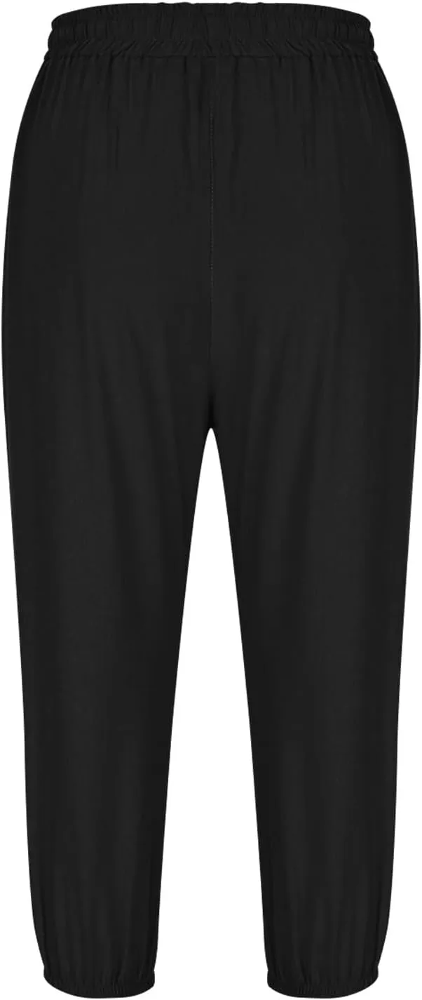 FZYLQY Cotton Linen Pants for Womens 2025 Summer Elastic Waist Solid Capris Pants Straight Wide Leg Cropped Trousers