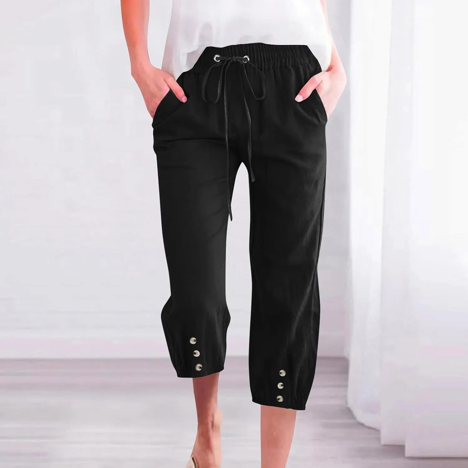 FZYLQY Cotton Linen Pants for Womens 2025 Summer Elastic Waist Solid Capris Pants Straight Wide Leg Cropped Trousers