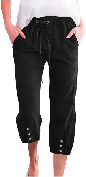 FZYLQY Cotton Linen Pants for Womens 2025 Summer Elastic Waist Solid Capris Pants Straight Wide Leg Cropped Trousers