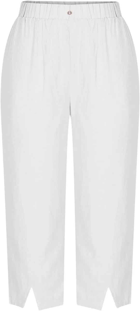 FZYLQY Summer Womens Capri Pants Side Slit Wide Leg Casual Trousers Cotton Linen Palazzo Pants Cropped Yoga Lounge Slacks