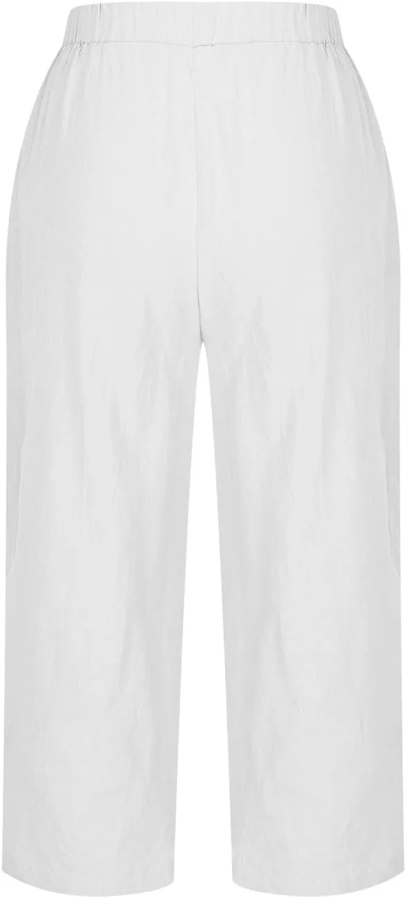 FZYLQY Summer Womens Capri Pants Side Slit Wide Leg Casual Trousers Cotton Linen Palazzo Pants Cropped Yoga Lounge Slacks