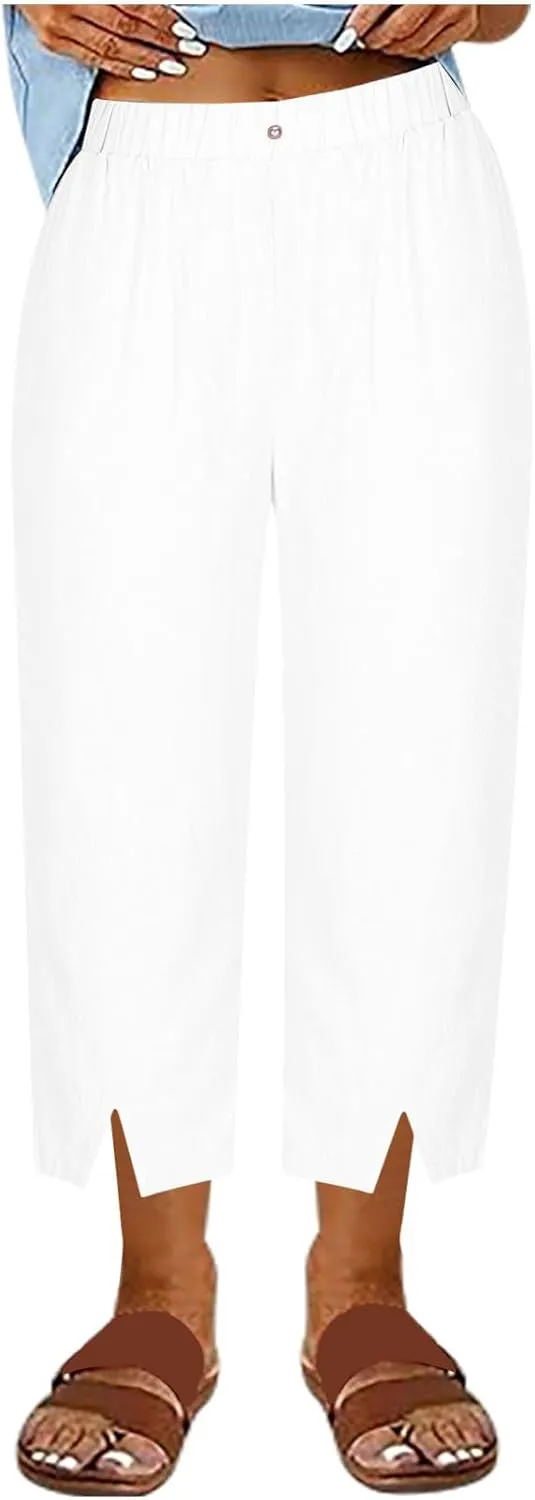 FZYLQY Summer Womens Capri Pants Side Slit Wide Leg Casual Trousers Cotton Linen Palazzo Pants Cropped Yoga Lounge Slacks
