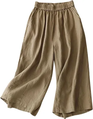 FZYLQY Wide Leg Trousers for Women Summer Cotton Linen Pants Elastic High Waist Comfy Palazzo Pants Casual Baggy Flowy Slacks