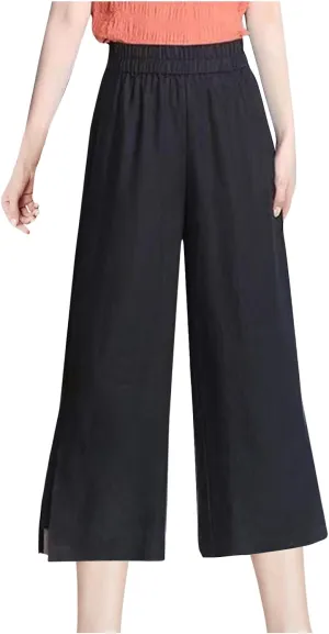 FZYLQY Women Summer Flowy Cotton Linen Palazzo Wide Leg Pants Beach High Waisted Trousers Vocation Solid Long Lounge Pants