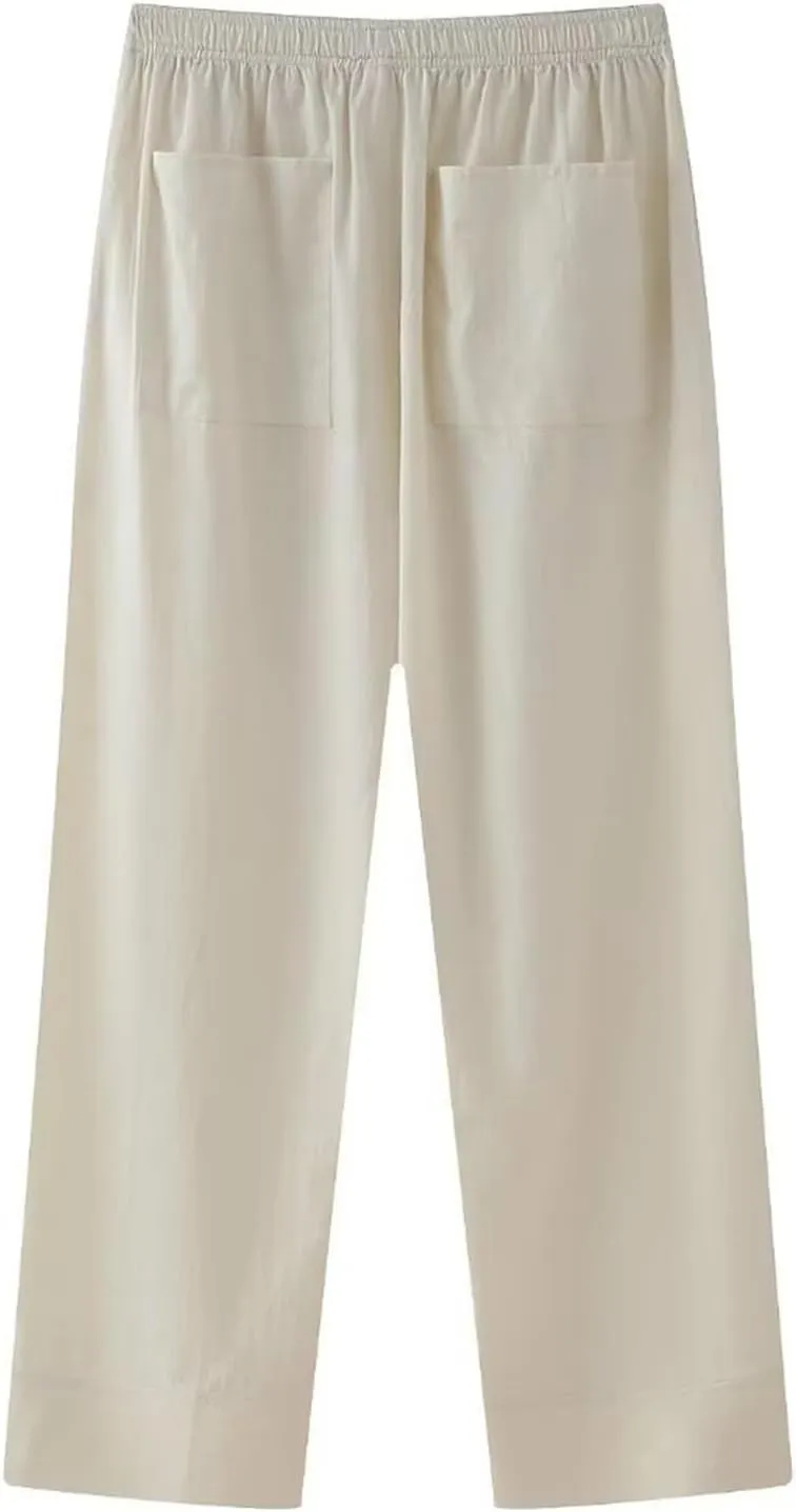 FZYLQY Womens Linen Pants with Pockets High Waisted Palazzo Pants Belted Straight Leg Trousers 2025 Summer Beach Trousers