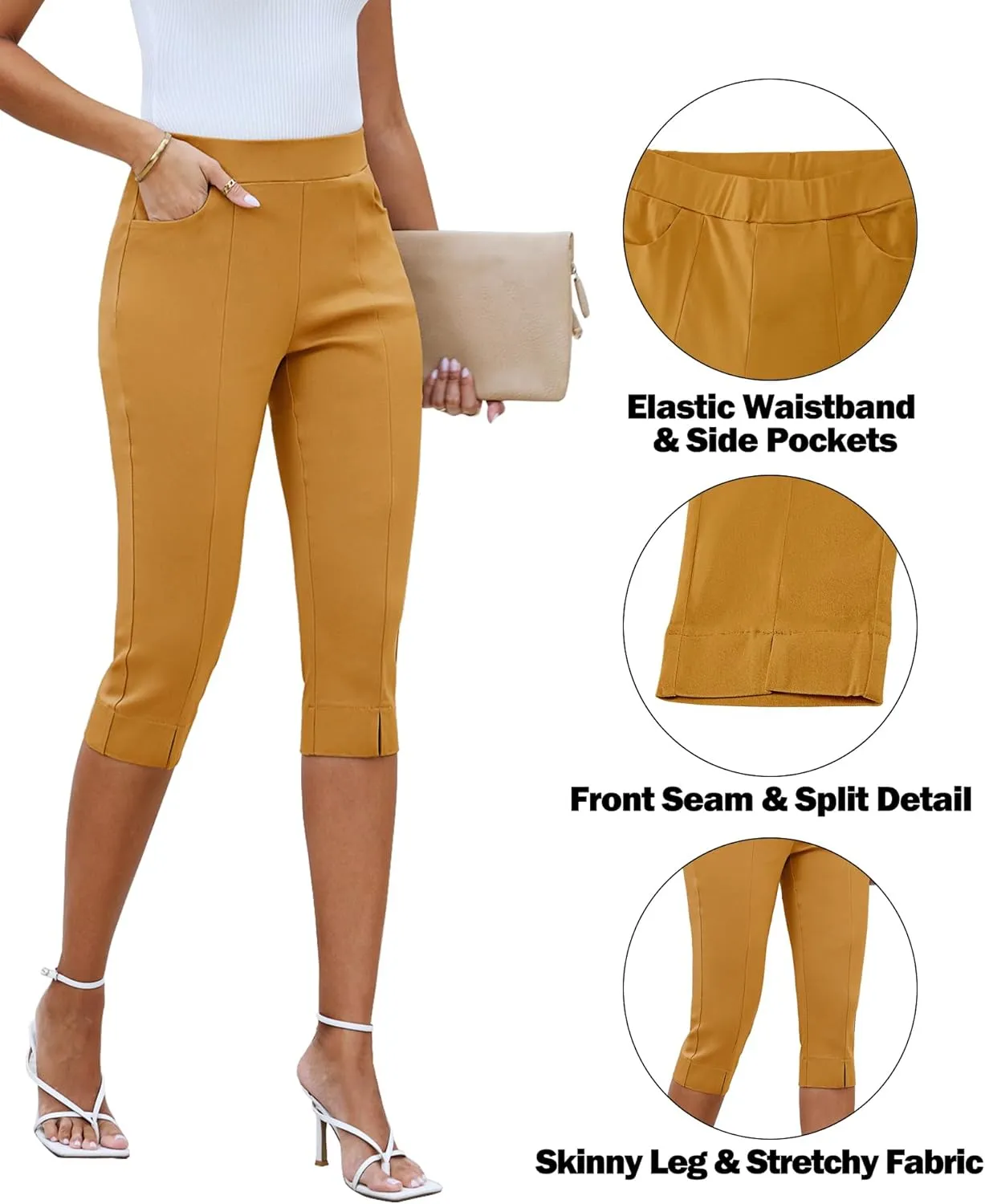 GRAPENT Capri Pants for Women High Waisted Pull On Elastic Waist Dressy Casual Stretchy Capris Trousers Pants Pockets