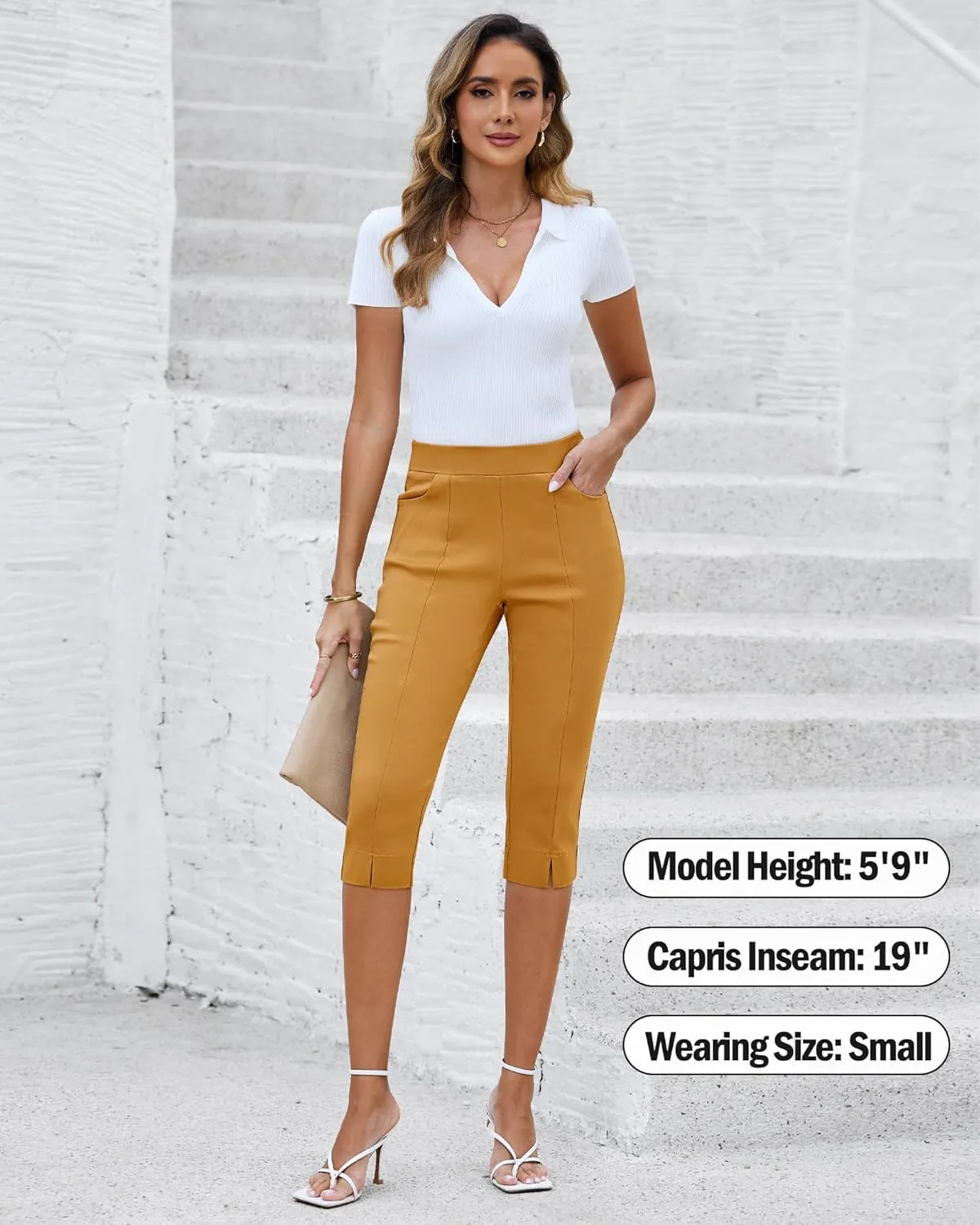 GRAPENT Capri Pants for Women High Waisted Pull On Elastic Waist Dressy Casual Stretchy Capris Trousers Pants Pockets