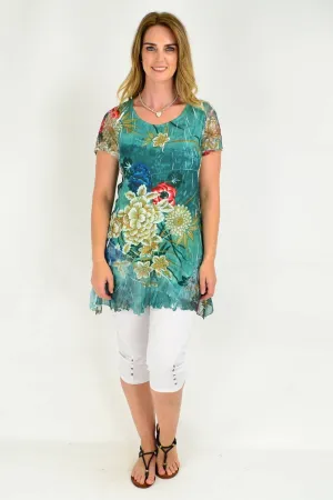 Green Floral Lace Trim Tunic Blouse