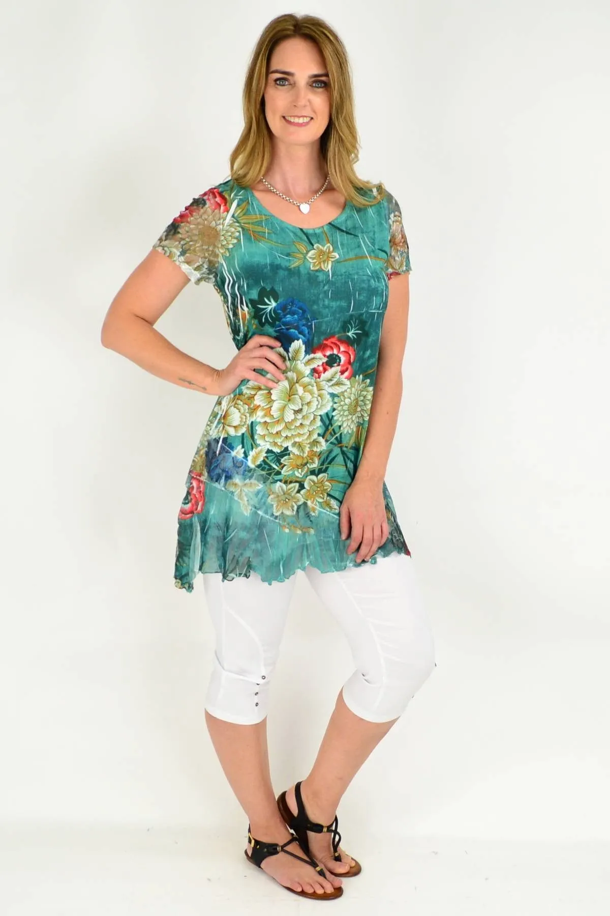 Green Floral Lace Trim Tunic Blouse