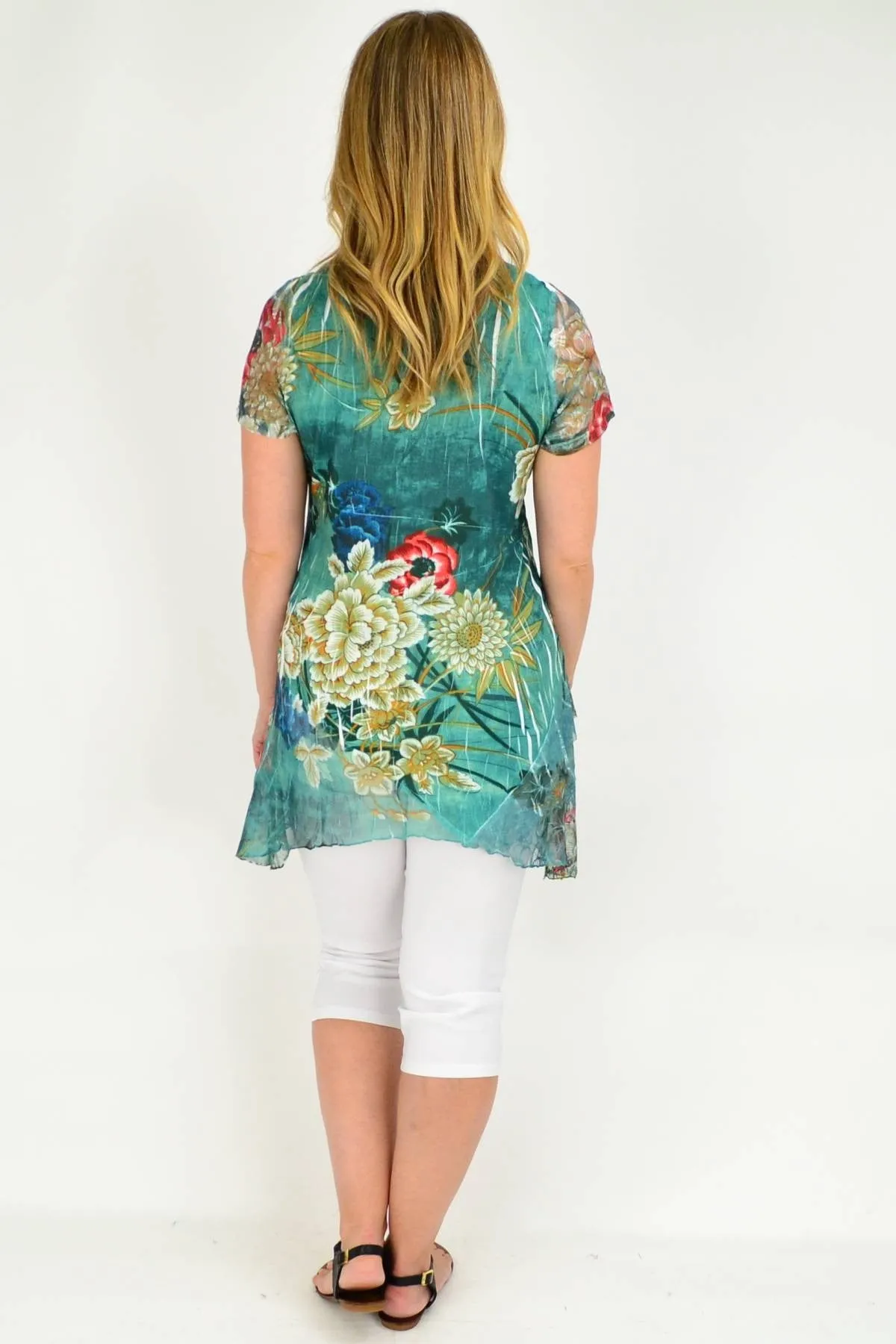 Green Floral Lace Trim Tunic Blouse