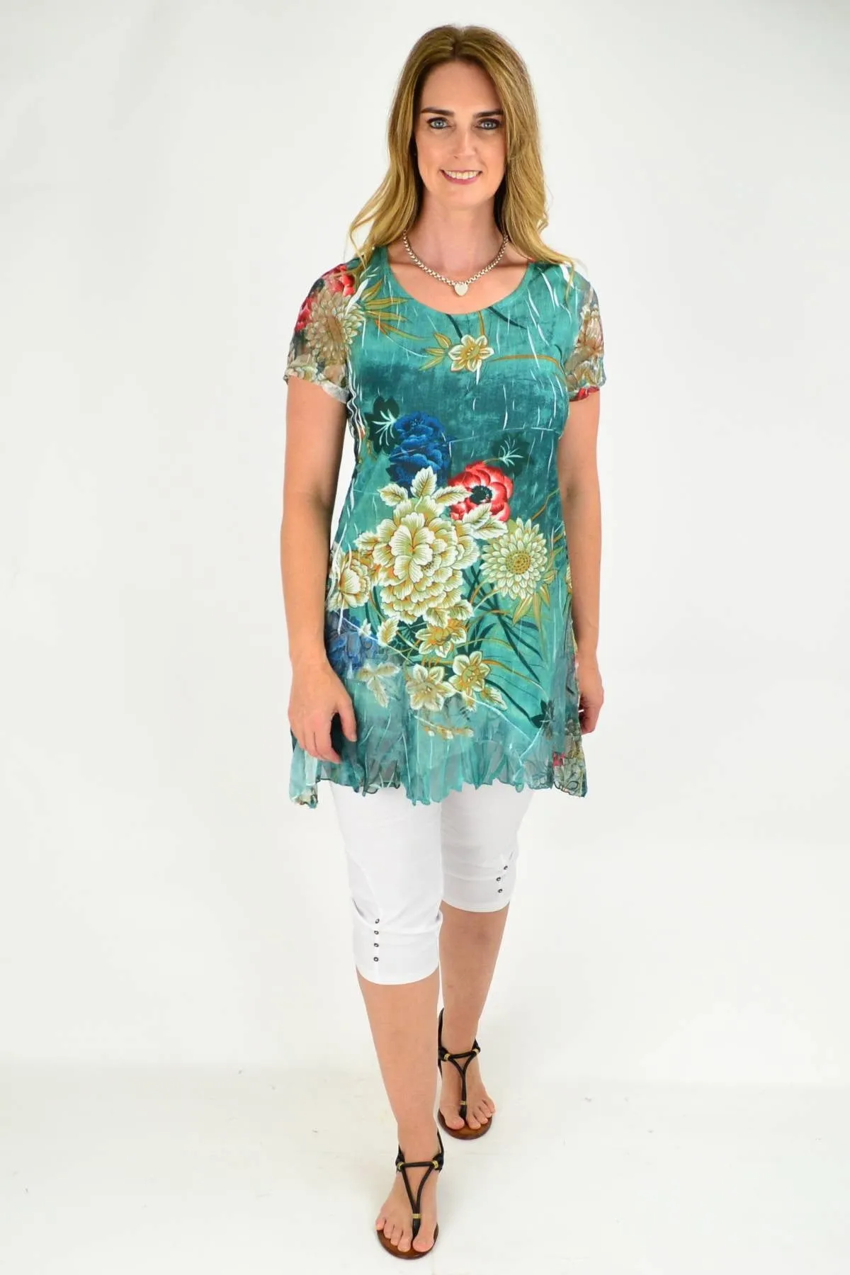 Green Floral Lace Trim Tunic Blouse