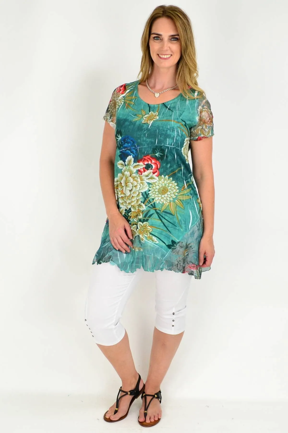 Green Floral Lace Trim Tunic Blouse
