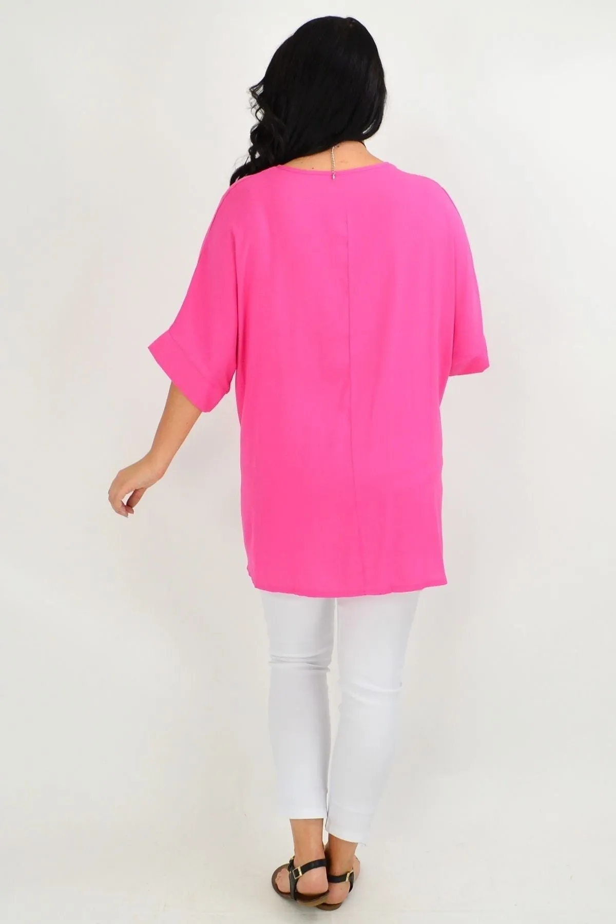 Hot Pink Coconut Button Sloping Sleeve Tunic Top
