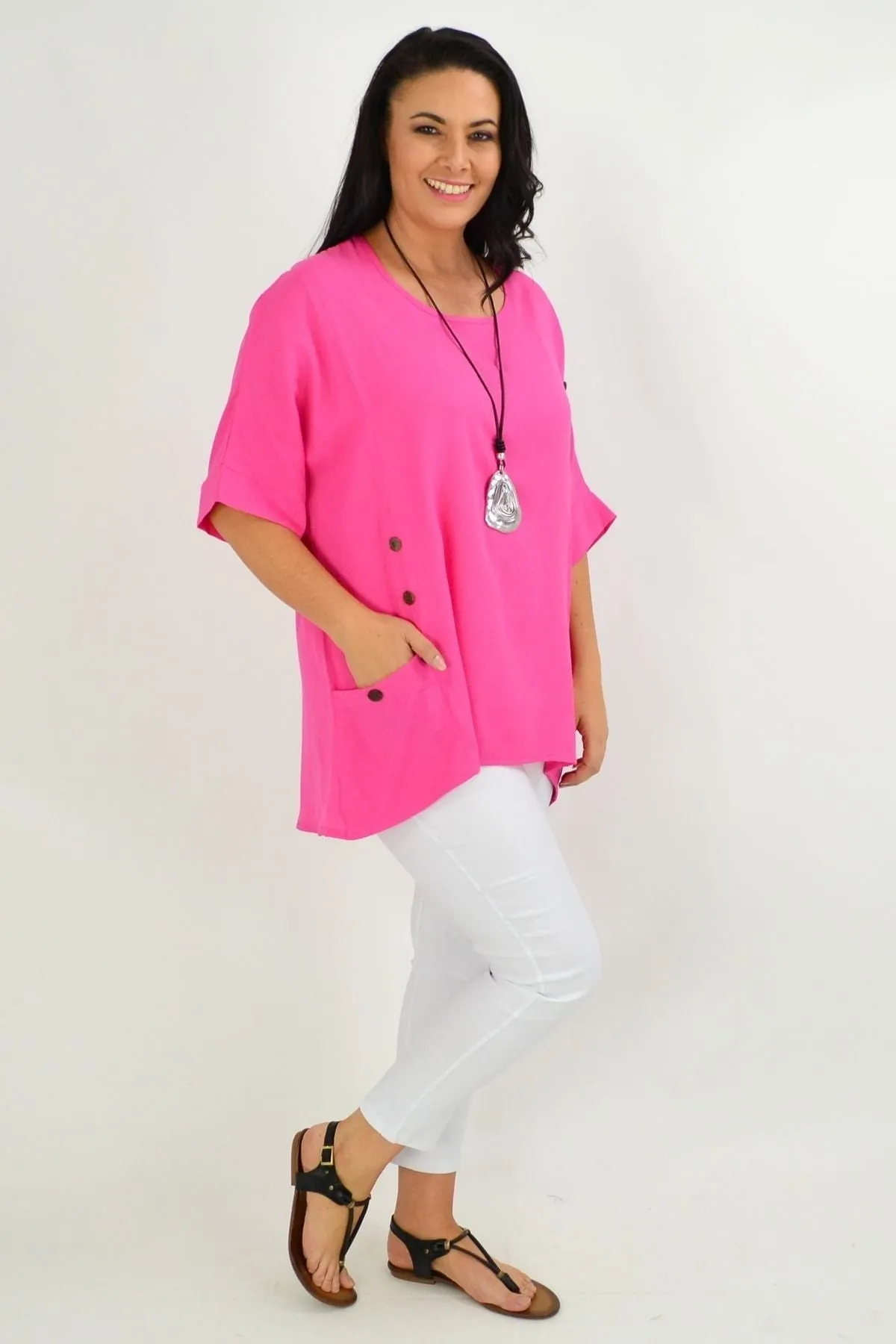 Hot Pink Coconut Button Sloping Sleeve Tunic Top