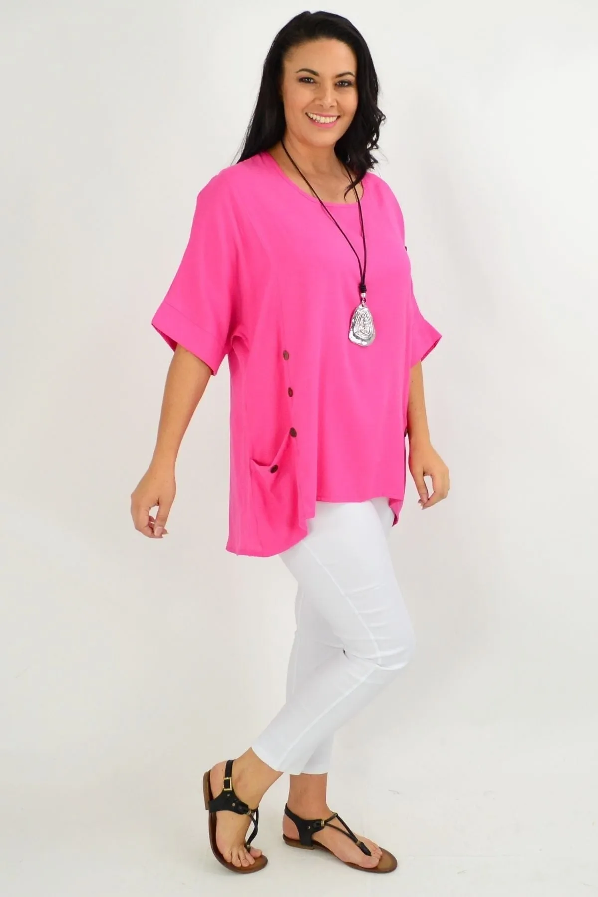 Hot Pink Coconut Button Sloping Sleeve Tunic Top