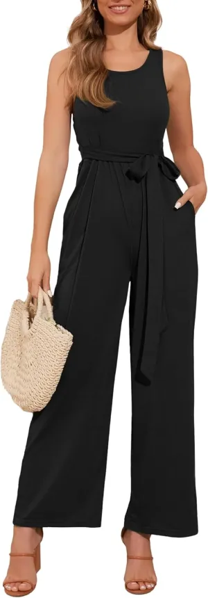 HVT Womens Summer Jumpsuits Dressy Casual One Piece Outfits Sleeveless Crew Neck Belted Wide Leg Pants Rompers with Pockets