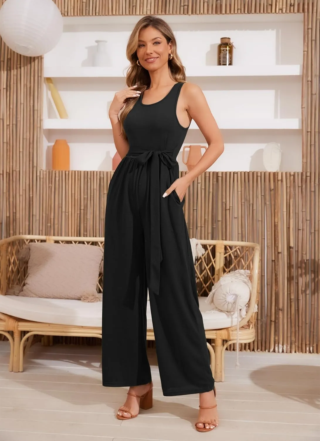 HVT Womens Summer Jumpsuits Dressy Casual One Piece Outfits Sleeveless Crew Neck Belted Wide Leg Pants Rompers with Pockets