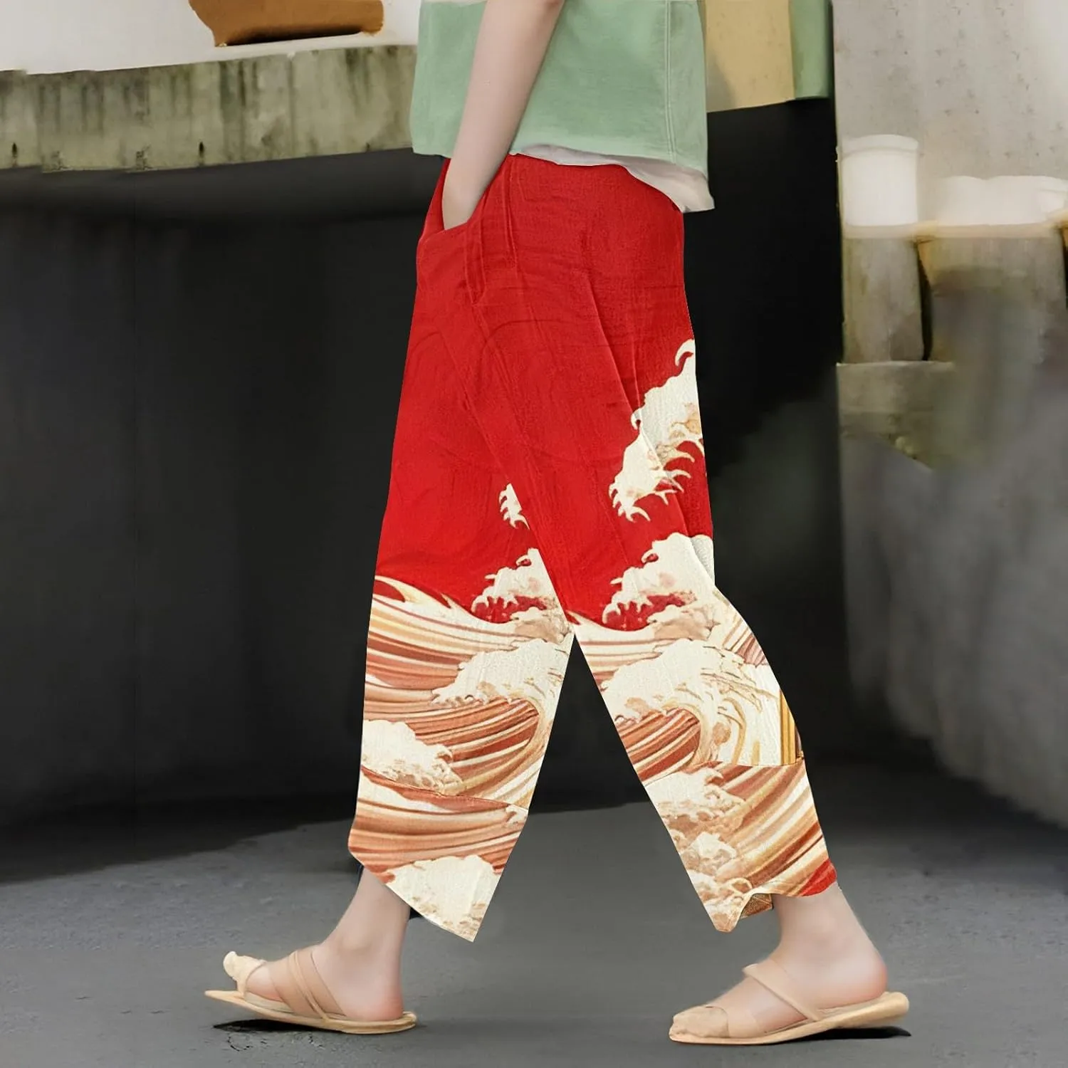 Japanese Wige Leg Pants for Women Artist Linen Pants Womens Pants Summer Baggy Cropped Trouser with