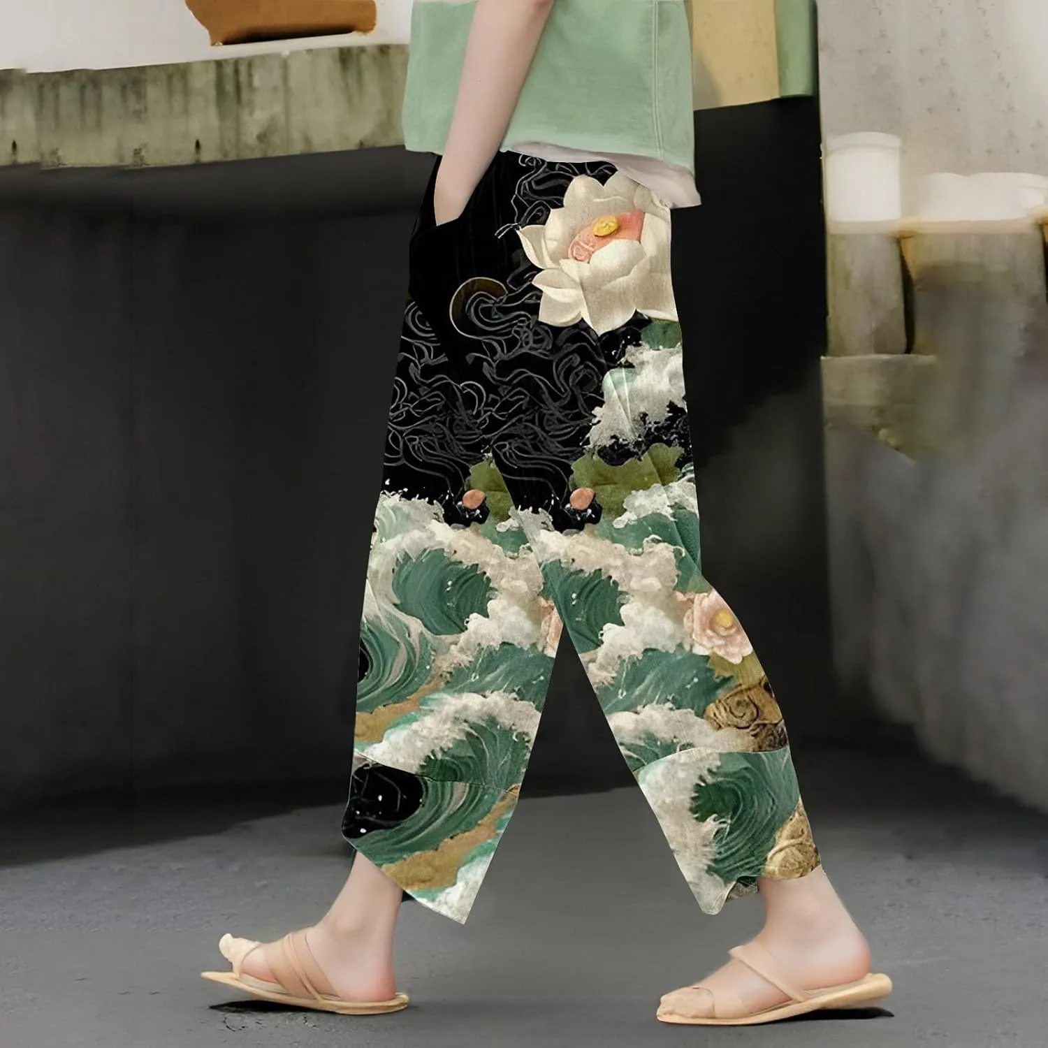 Japanese Wige Leg Pants for Women Artist Linen Pants Womens Pants Summer Baggy Cropped Trouser with