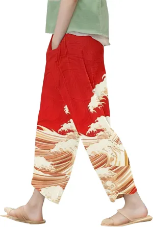 Japanese Wige Leg Pants for Women Artist Linen Pants Womens Pants Summer Baggy Cropped Trouser with