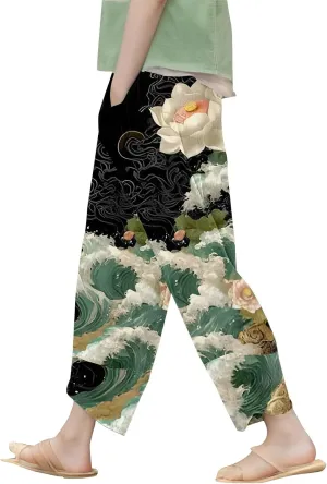 Japanese Wige Leg Pants for Women Artist Linen Pants Womens Pants Summer Baggy Cropped Trouser with
