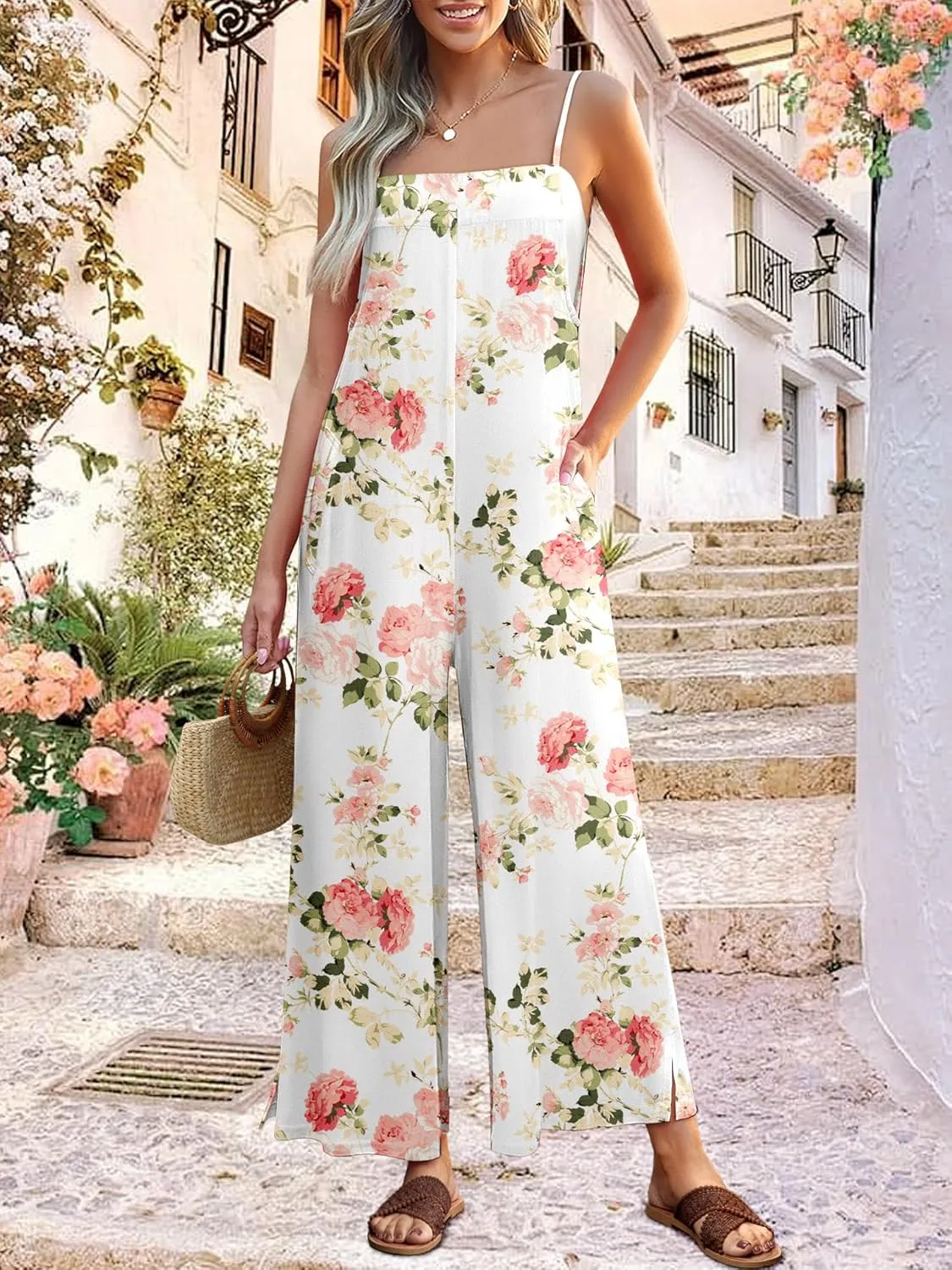 Jumpsuits for Women 2025 Summer Rompers Boho Floral Overalls Casual Wide Leg Long Pant One Piece Vacation Outfits