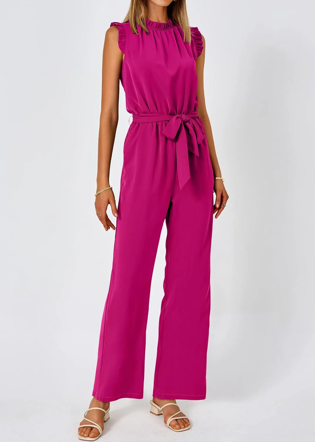 KIRUNDO Jumpsuits For Women Dressy Summer One Piece Sleeveless Ruffle Mock Neck Belt Pockets Formal Wide Leg Pants Romper