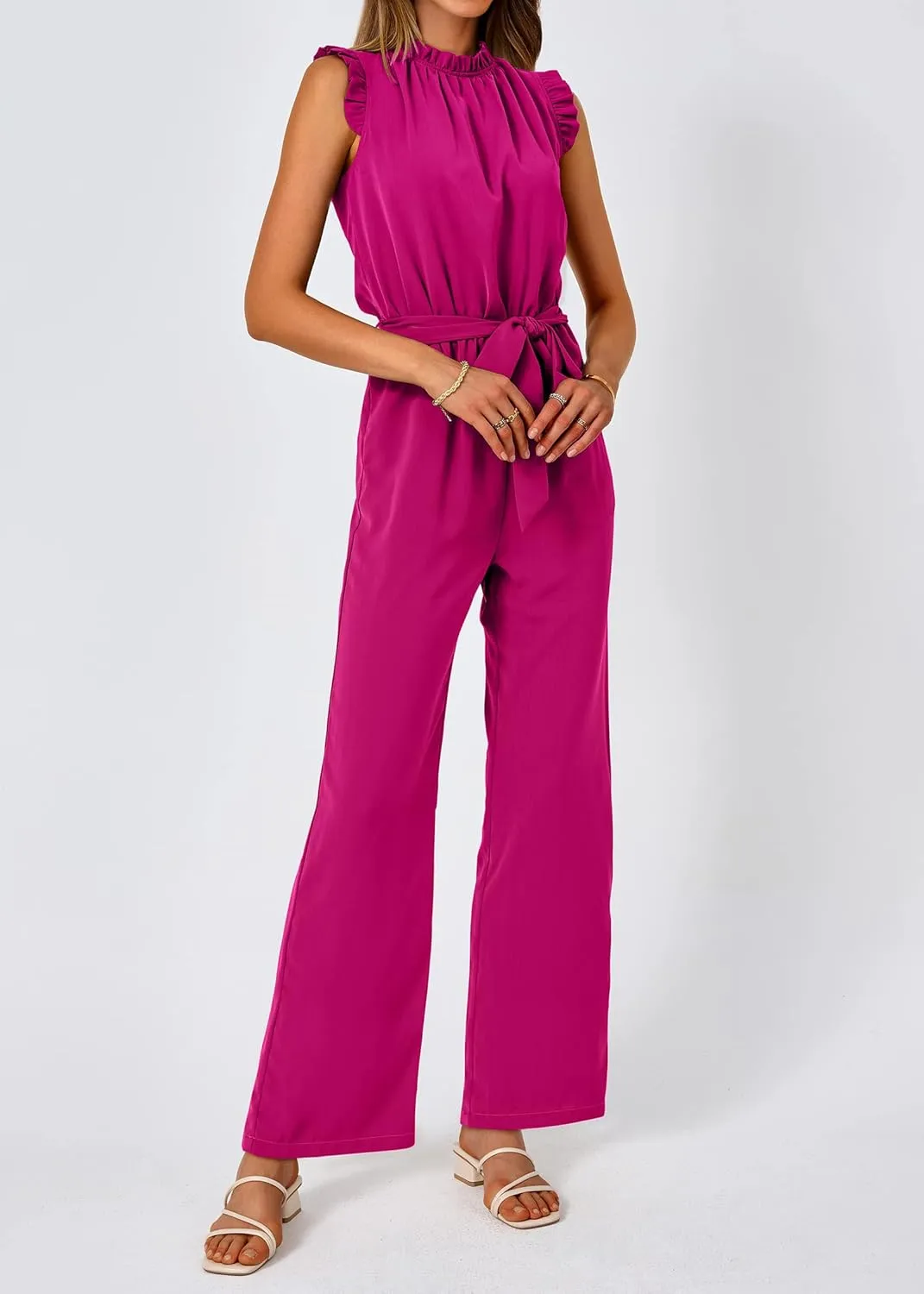 KIRUNDO Jumpsuits For Women Dressy Summer One Piece Sleeveless Ruffle Mock Neck Belt Pockets Formal Wide Leg Pants Romper