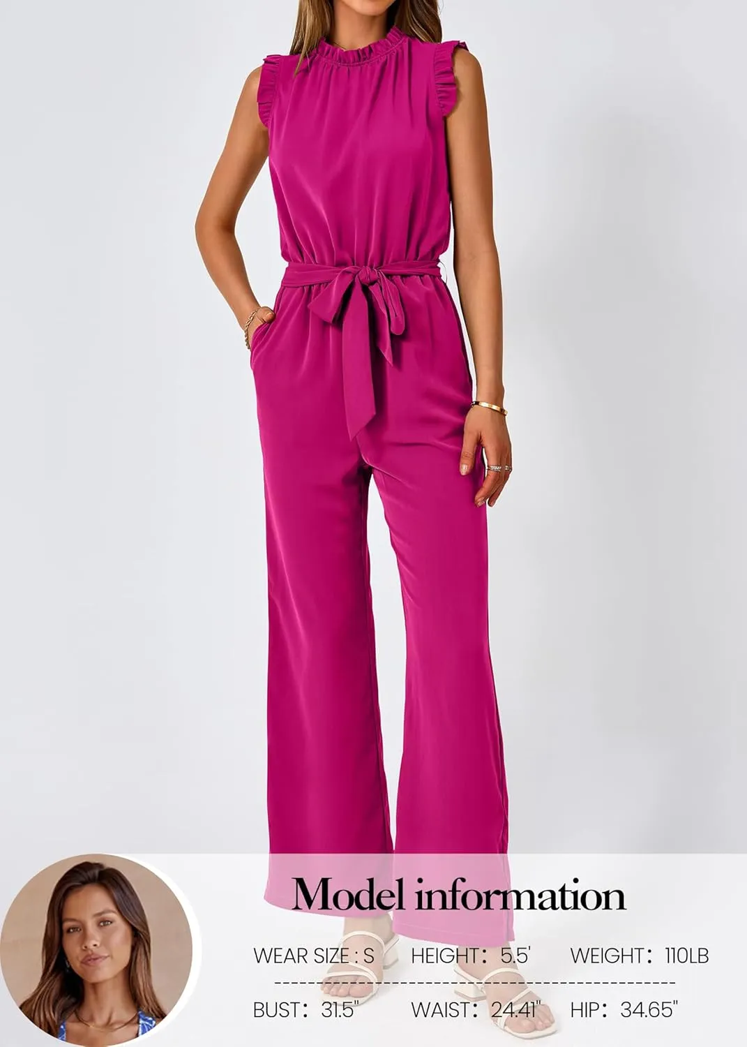 KIRUNDO Jumpsuits For Women Dressy Summer One Piece Sleeveless Ruffle Mock Neck Belt Pockets Formal Wide Leg Pants Romper