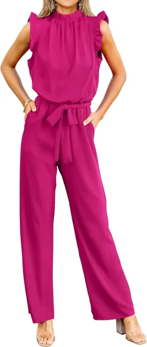 KIRUNDO Jumpsuits For Women Dressy Summer One Piece Sleeveless Ruffle Mock Neck Belt Pockets Formal Wide Leg Pants Romper