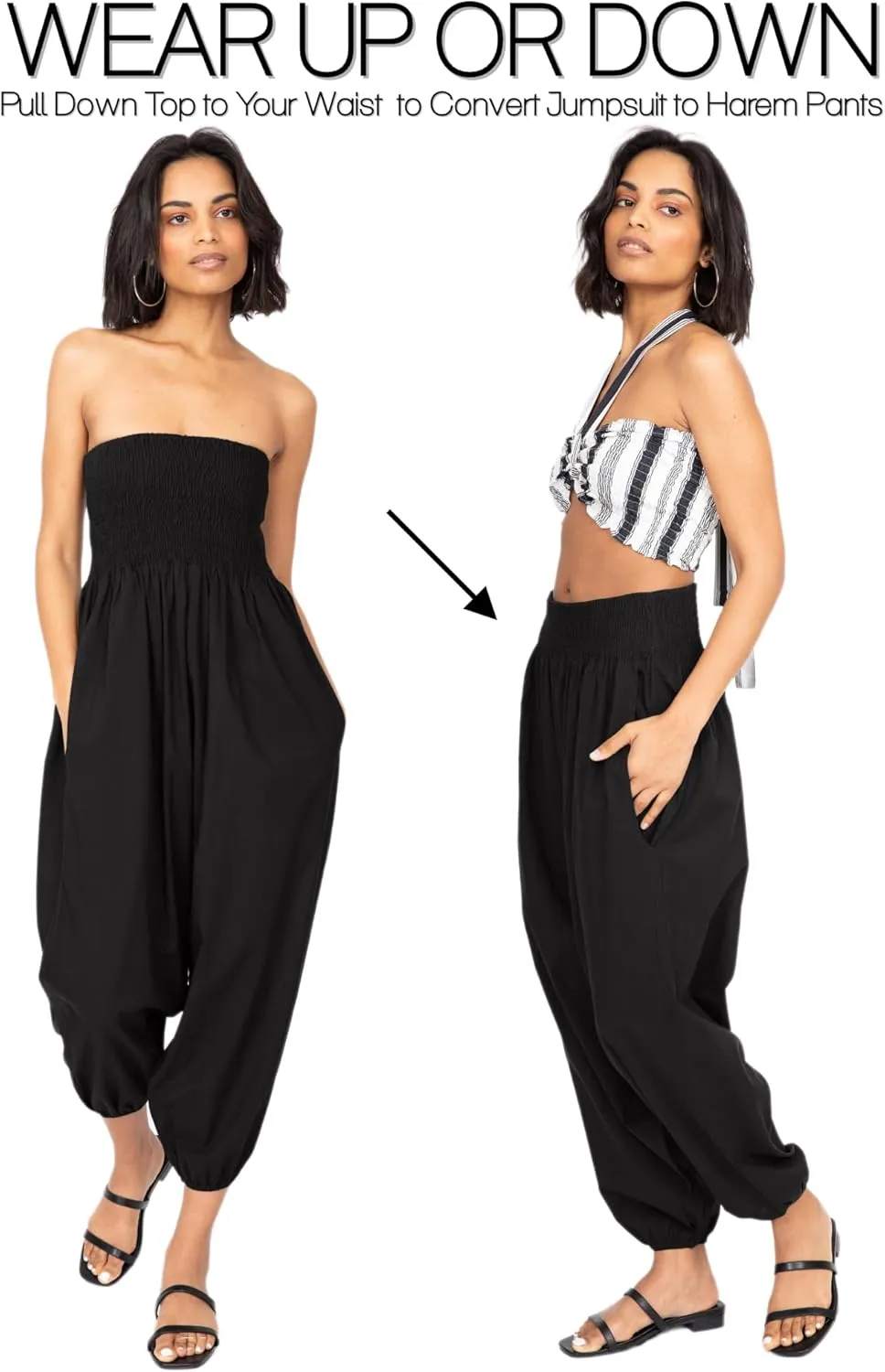 likemary Harem Pants Women Jumpsuits  Romper Pulls Down into Boho Cotton Pants  Petite Capri 2-in-1 Jumper with Pockets