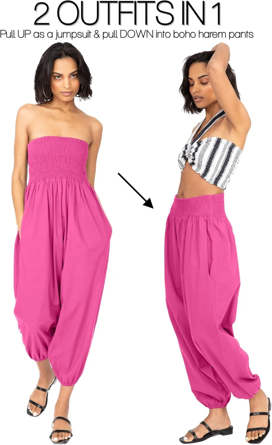 likemary Harem Pants Women Jumpsuits  Romper Pulls Down into Boho Cotton Pants  Petite Capri 2-in-1 Jumper with Pockets