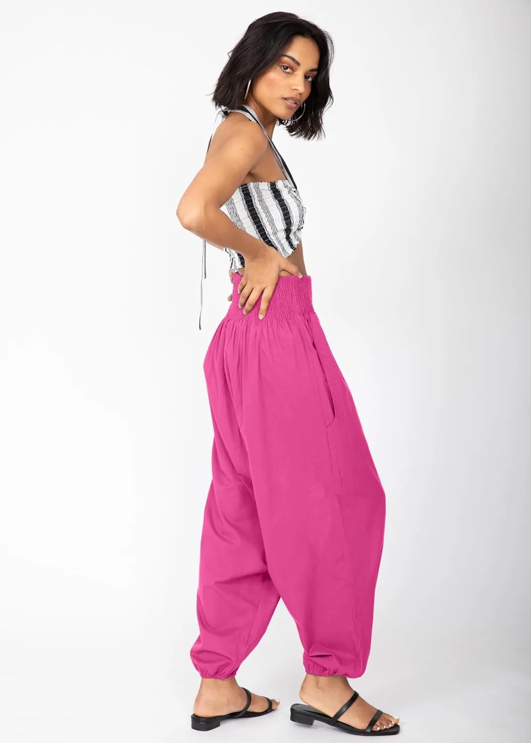 likemary Harem Pants Women Jumpsuits  Romper Pulls Down into Boho Cotton Pants  Petite Capri 2-in-1 Jumper with Pockets