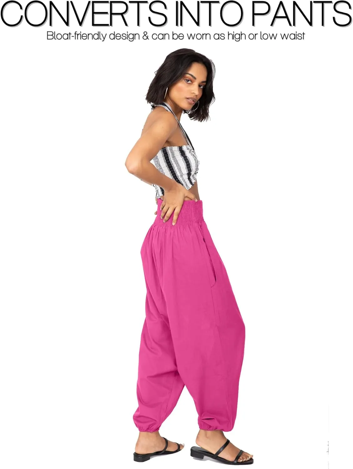 likemary Harem Pants Women Jumpsuits  Romper Pulls Down into Boho Cotton Pants  Petite Capri 2-in-1 Jumper with Pockets