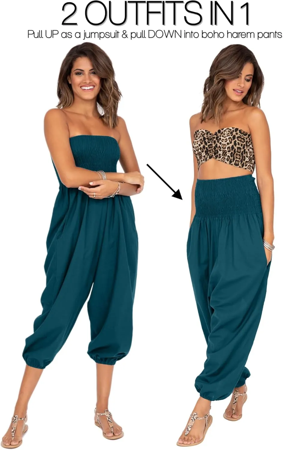 likemary Harem Pants Women Jumpsuits  Romper Pulls Down into Boho Cotton Pants  Petite Capri 2-in-1 Jumper with Pockets
