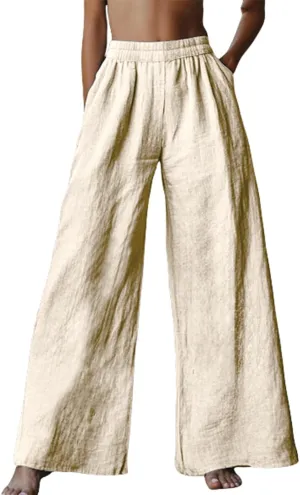 Linen Pants for Womens Elastic Waist Wide Leg Casual Trousers Summer Cool Comfy Loose Fit Pants with Pocket Plus Size