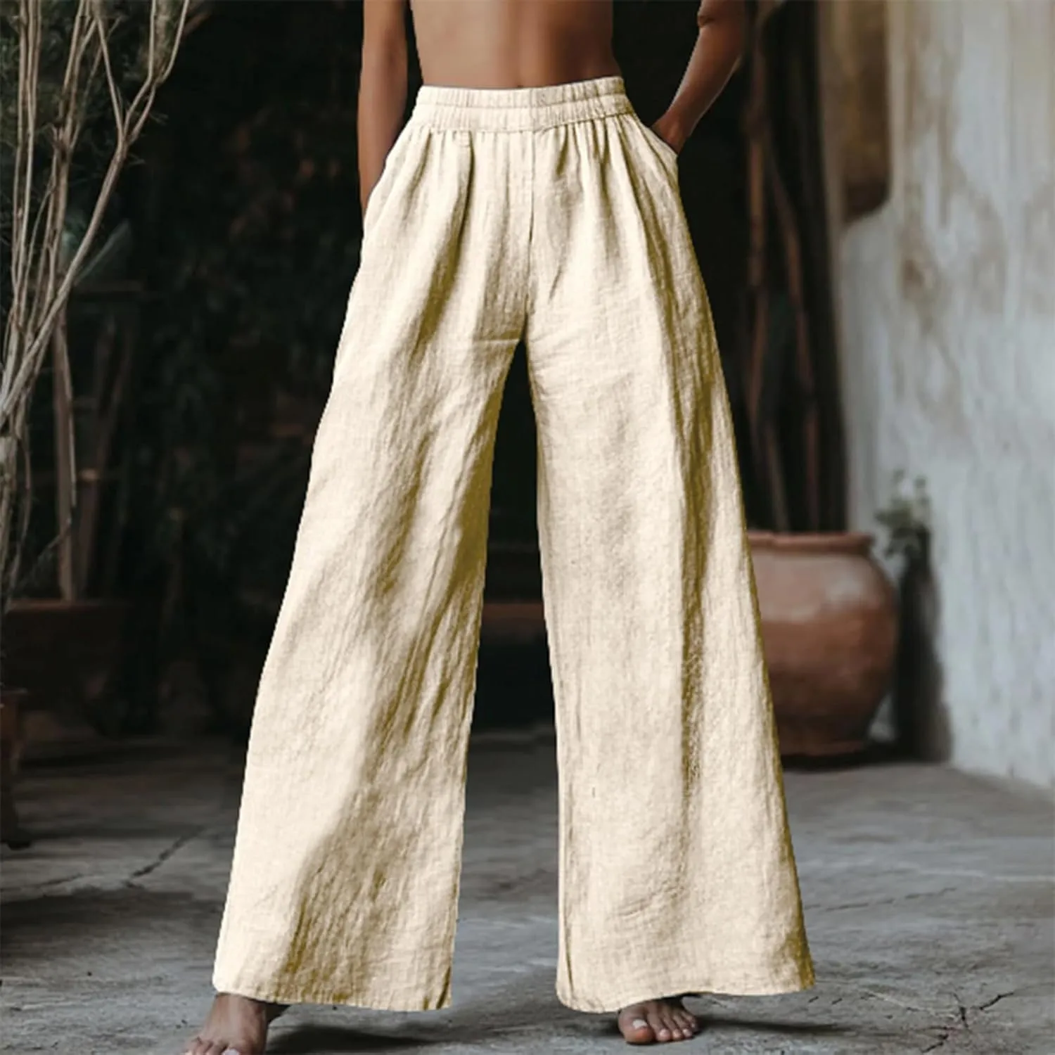 Linen Pants for Womens Elastic Waist Wide Leg Casual Trousers Summer Cool Comfy Loose Fit Pants with Pocket Plus Size