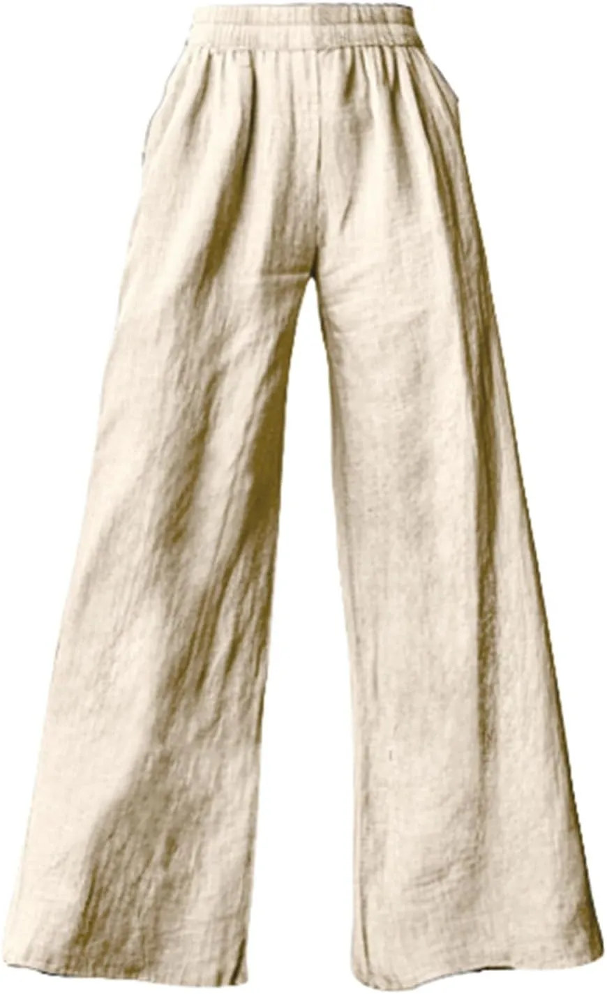 Linen Pants for Womens Elastic Waist Wide Leg Casual Trousers Summer Cool Comfy Loose Fit Pants with Pocket Plus Size